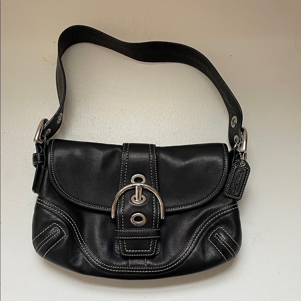 Coach Black Leather Shoulder Bag with Silver Buckle